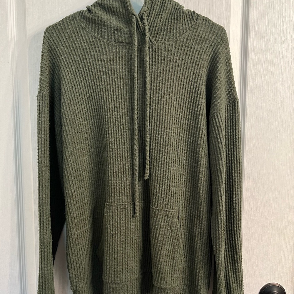Green Waffle Knit Hoodie Sweatshirt with Drawstrings